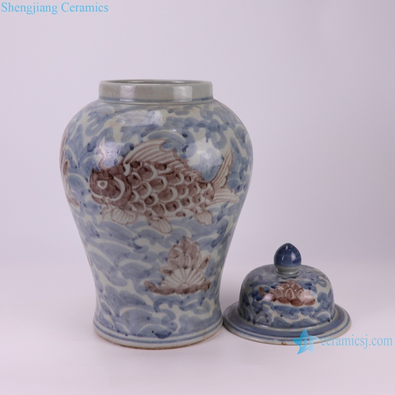 RZSX92 Jingdezhen Under glazed Red Fish seawater Pattern Porcelain jars Ceramic General Pot--separate