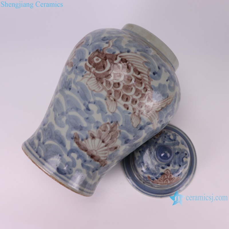 RZSX92 Jingdezhen Under glazed Red Fish seawater Pattern Porcelain jars Ceramic General Pot--lay down
