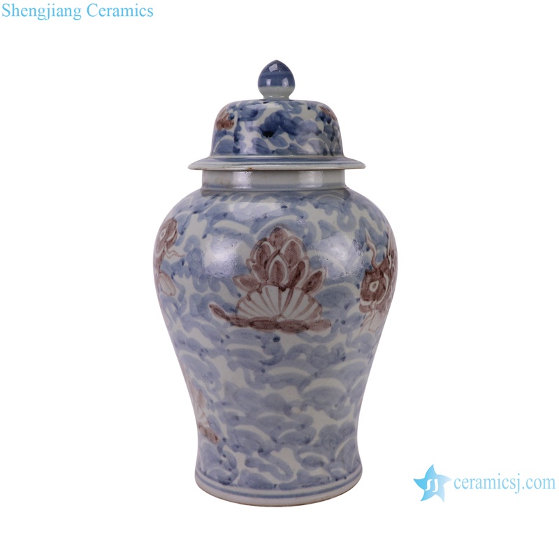 RZSX92 Jingdezhen Under glazed Red Fish seawater Pattern Porcelain jars Ceramic General Pot--side view