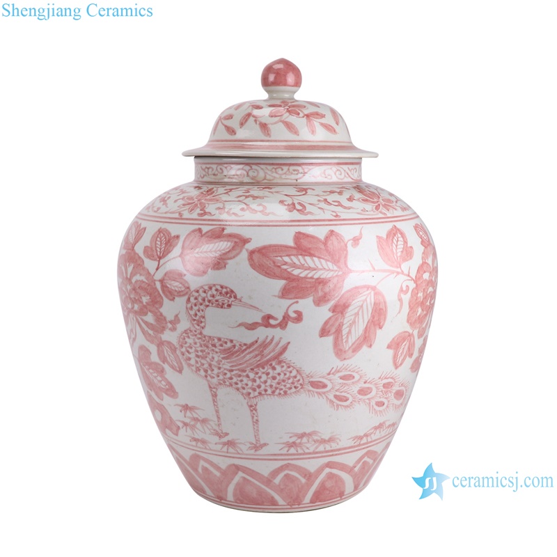 RZSX93-A Jingdezhen Underglazed Red Belly shape Flower and Bird storage pot decorative porcelain jar -- side view