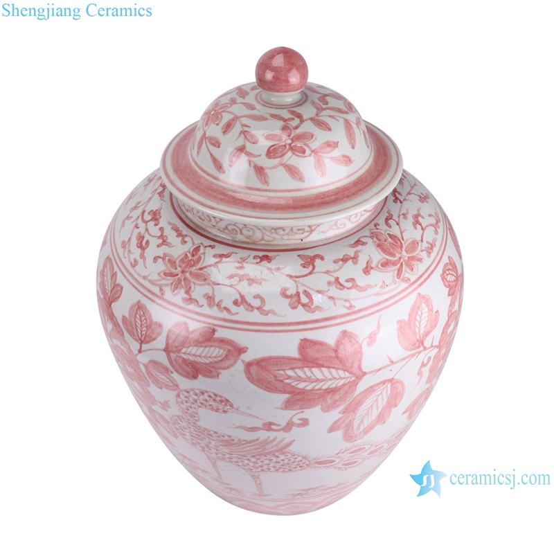 RZSX93-A Jingdezhen Underglazed Red Belly shape Flower and Bird storage pot decorative porcelain jar -- vertical view