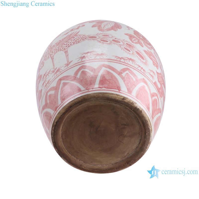 RZSX93-A Jingdezhen Underglazed Red Belly shape Flower and Bird storage pot decorative porcelain jar -- bottom view