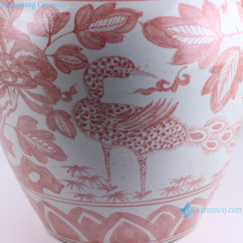 RZSX93-A Jingdezhen Underglazed Red Belly shape Flower and Bird storage pot decorative porcelain jar -- closer view