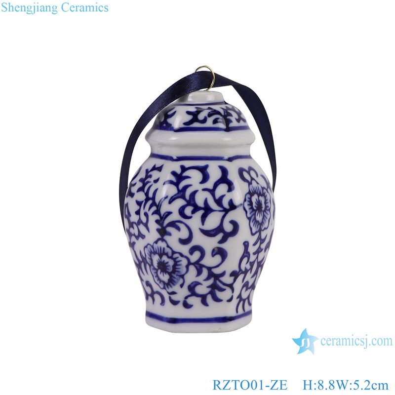 RZTO01-ZE blue and white twisted flower pattern 6 sides ceramic hanging ornament