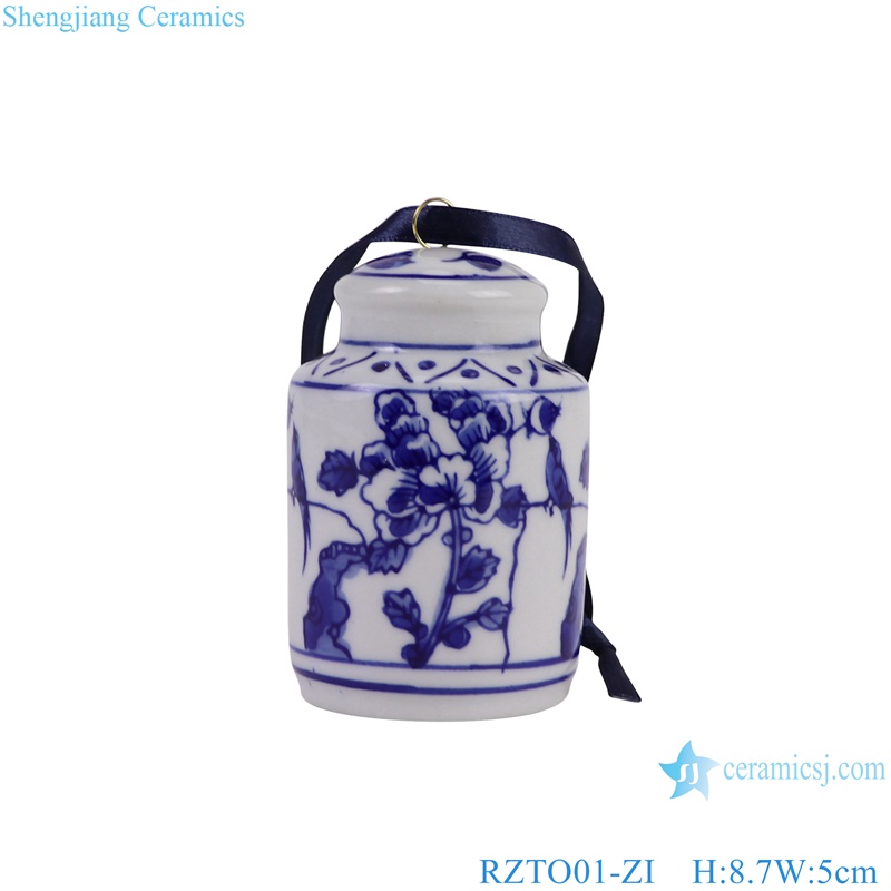 RZTO01-ZI blue and white round flower and bird pattern ceramic hanging jars ornament