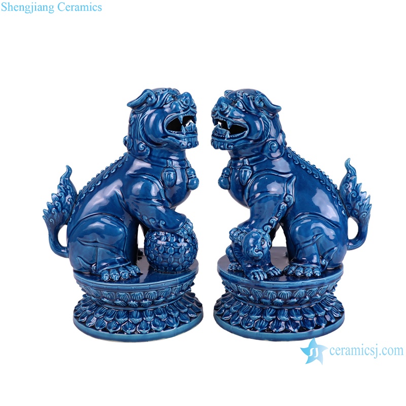 RXAP06-A Dark Blue Foo Dogs poodles Pug-dog sculpture in pairs Ceramic Statues--side view