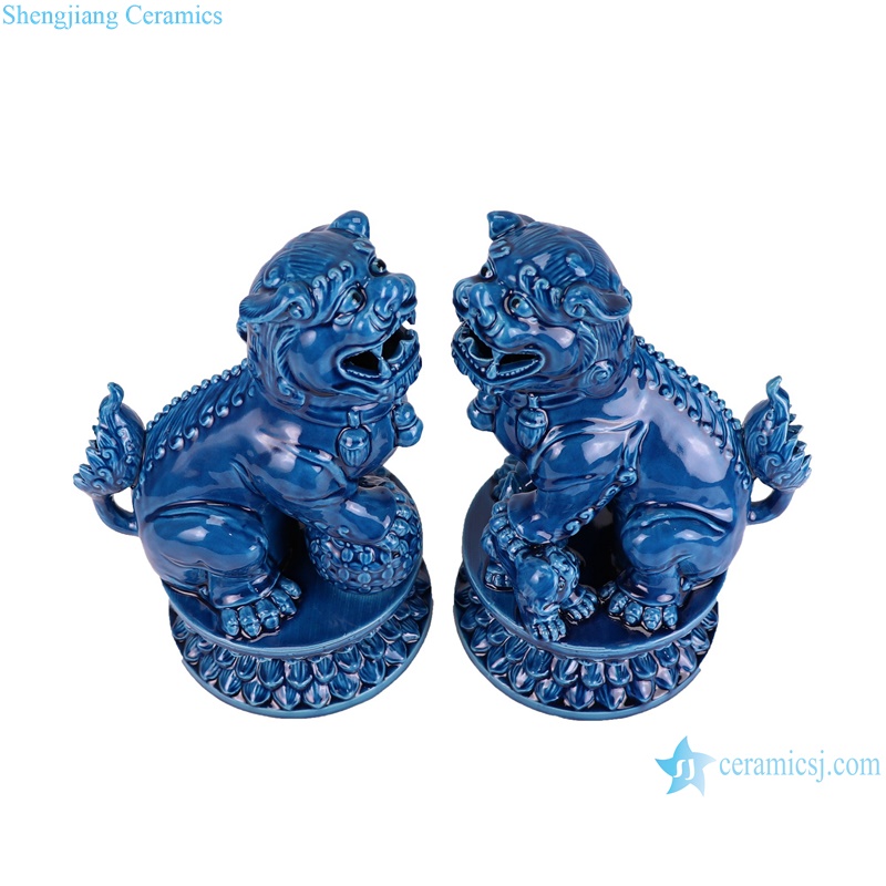 RXAP06-A Dark Blue Foo Dogs poodles Pug-dog sculpture in pairs Ceramic Statues--vertical view