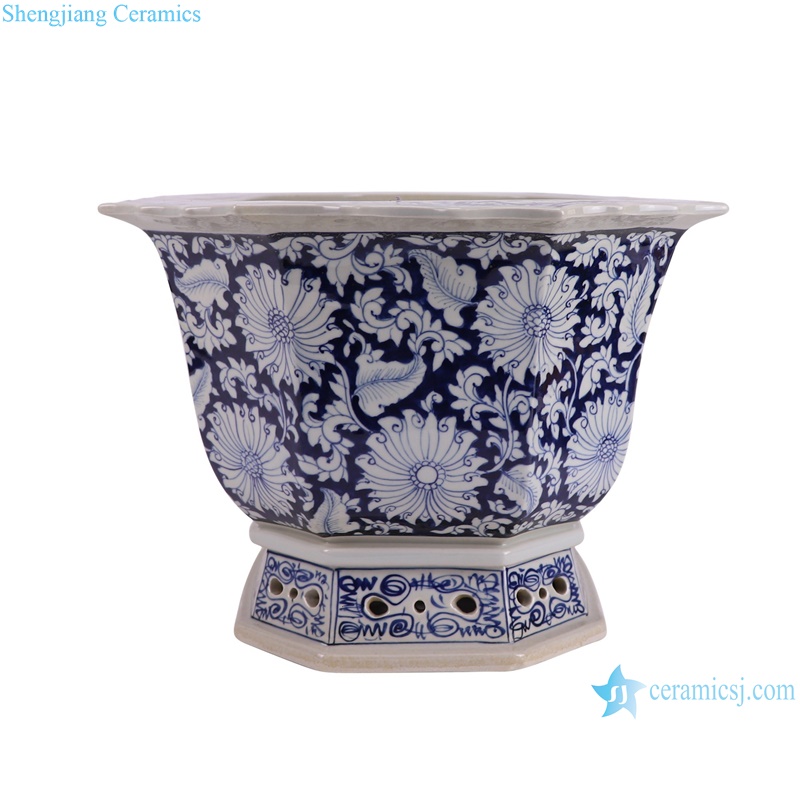 RZAJ08-B lotus Twig Pattern Blue and white Octagonal flower Pot Ceramic Garden Planter--side view