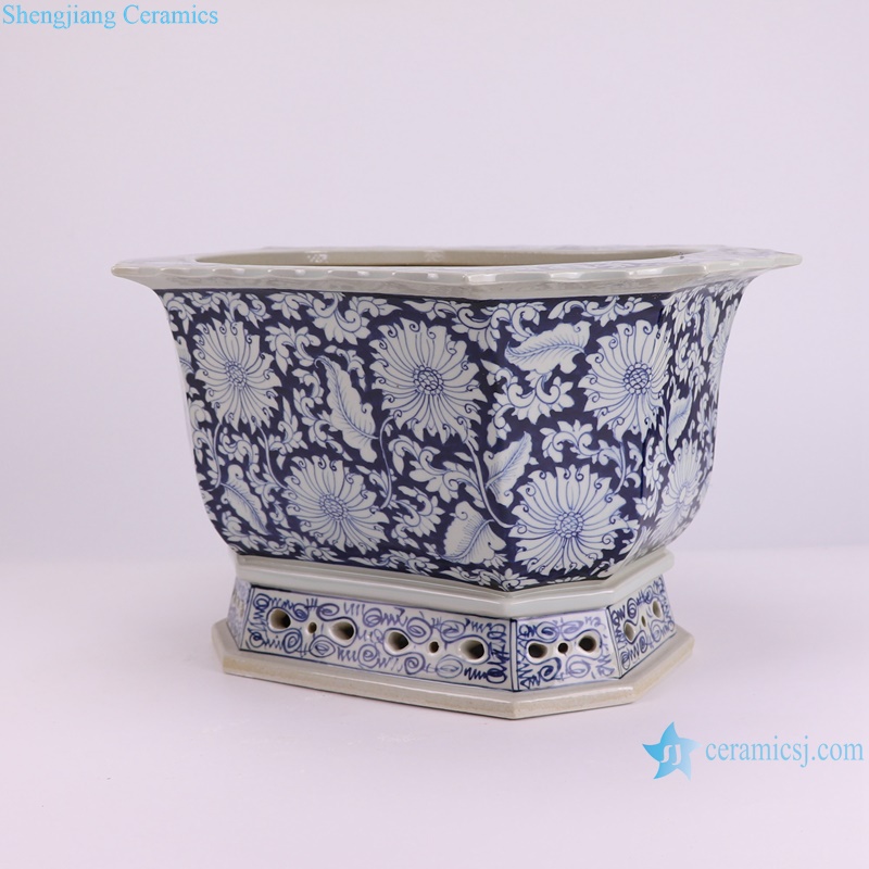 RZAJ08-B lotus Twig Pattern Blue and white Octagonal flower Pot Ceramic Garden Planter