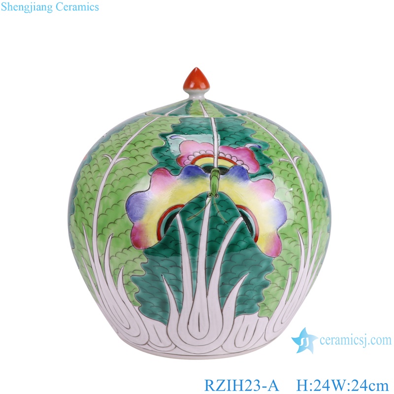 RZIH23-A Green leaf Lotus Colorful Butterfly Pattern watermelon shape Ceramic Jars 