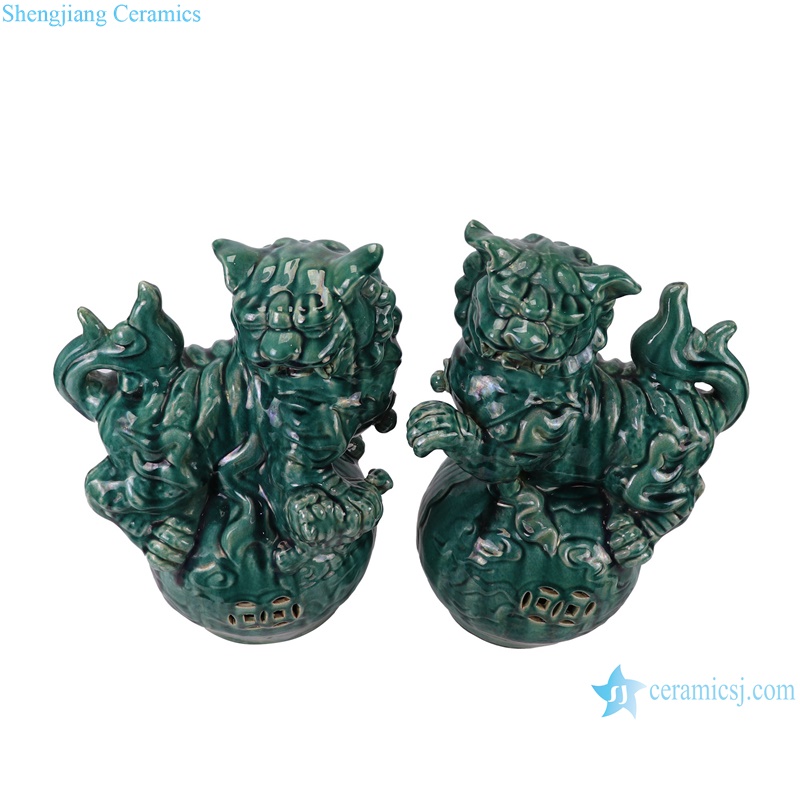 RZKR59-A Dark Green Foo Dogs poodles Pug-dog Sculptures in pair Ceramic Statues--vertical view