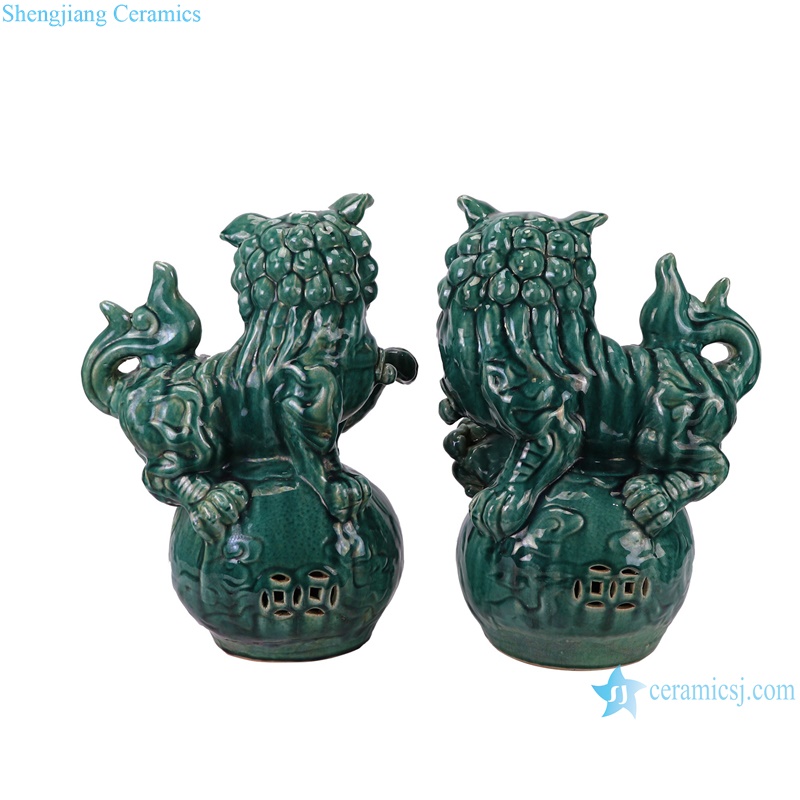 RZKR59-A Dark Green Foo Dogs poodles Pug-dog Sculptures in pair Ceramic Statues--side view