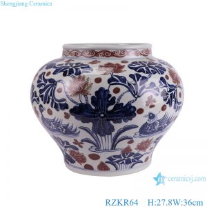 RZKR64 Antique underglazed red Ceramic Flower Pot lotus mandarin duck playing with water