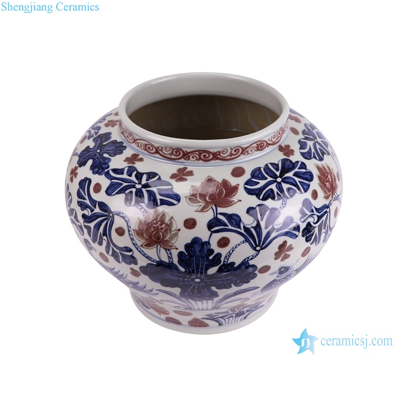 RZKR64 Antique underglazed red Ceramic Flower Pot lotus mandarin duck playing with water-- vertical view