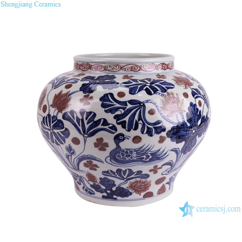 RZKR64 Antique underglazed red Ceramic Flower Pot lotus mandarin duck playing with water-- side view