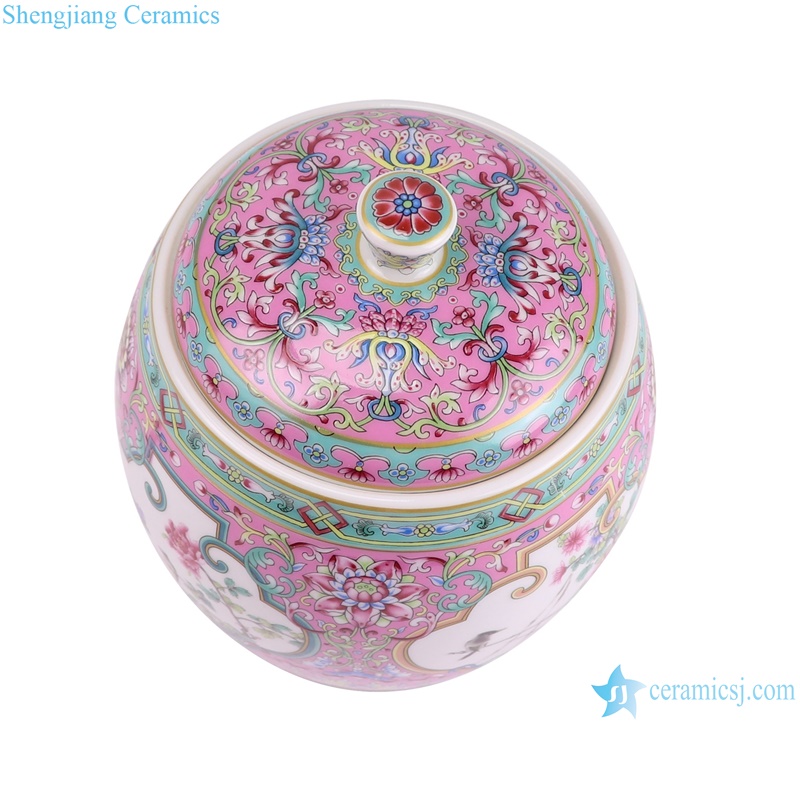 Enamel Pink Color Glazed Open window flower and bird Pattern Ceramic Pot Tea Jars--vertical view