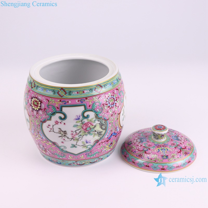 Enamel Pink Color Glazed Open window flower and bird Pattern Ceramic Pot Tea Jars--side view