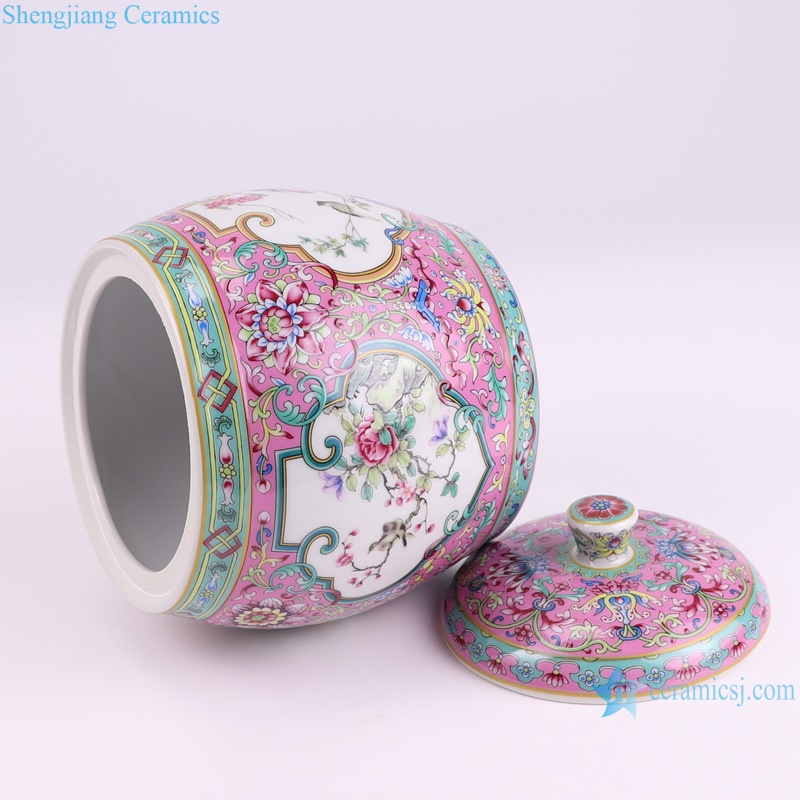 Enamel Pink Color Glazed Open window flower and bird Pattern Ceramic Pot Tea Jars--lay down