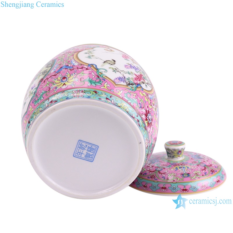 Enamel Pink Color Glazed Open window flower and bird Pattern Ceramic Pot Tea Jars--bottom view