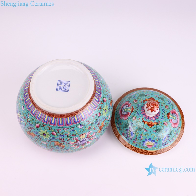 Jingdezhen Enamel green Color Twig Pattern Ceramic Tea pot Canisters--bottom view