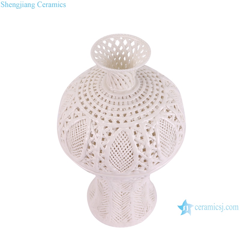 RZSV04 Elegant White hollow out Ceramic flower vase porcelain home decor Fishtail bottle--vertical view