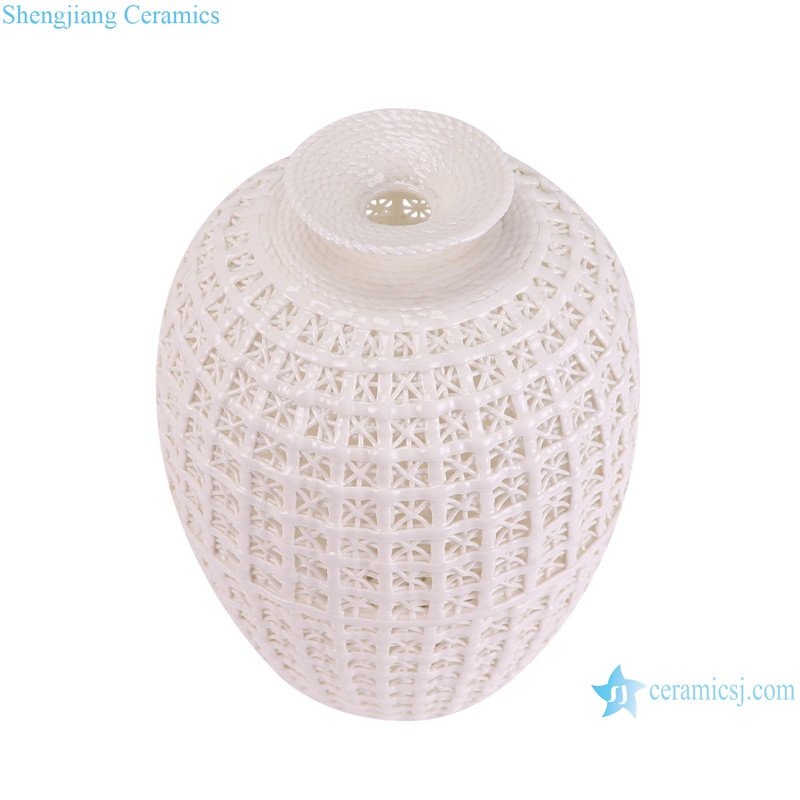 RZSV05 White hollow out Woven Pattern Melon Shape bottle Porcelain flower vase home decor--vertical view