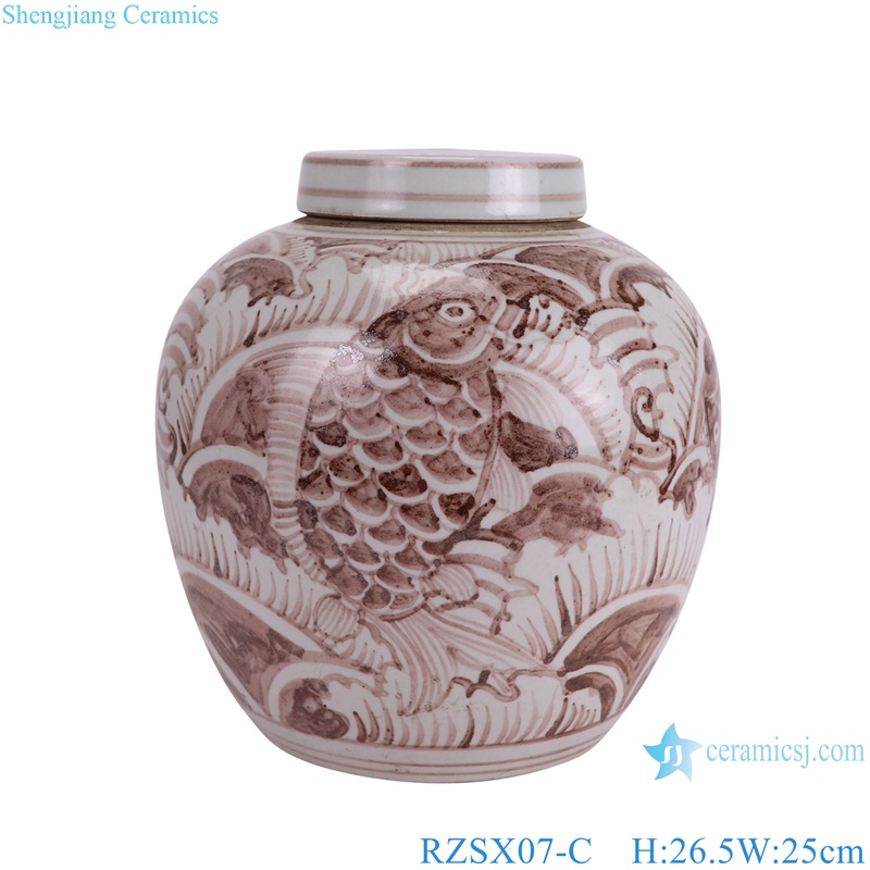 RZSX07-C Antique Hand painted Under glazed red fish-pattern Ceramic Pot Canister Small Jars