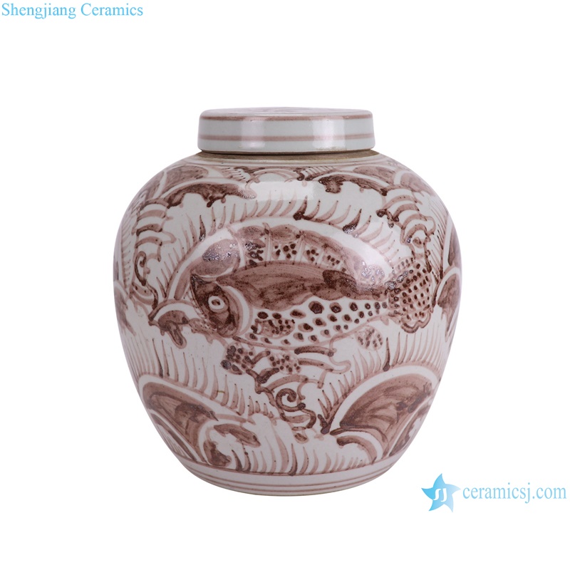 RZSX07-C Antique Hand painted Under glazed red fish-pattern Ceramic Pot Canister Small Jars--side view