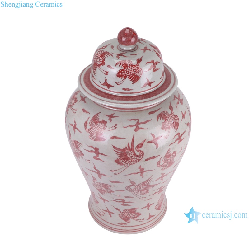 RZSX92-B Antique Under glazed red Crane Pattern Porcelain Lidded Ginger Jars--vertical view