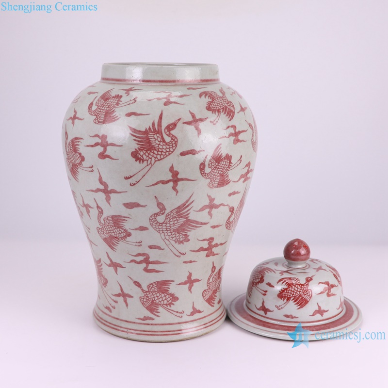 RZSX92-B Antique Under glazed red Crane Pattern Porcelain Lidded Ginger Jars