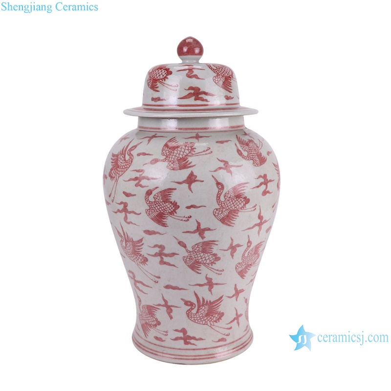 RZSX92-B Antique Under glazed red Crane Pattern Porcelain Lidded Ginger Jars--side view