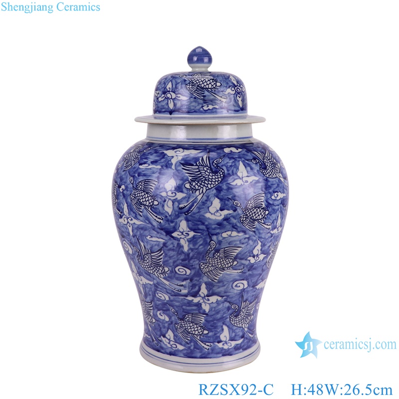 RZSX92-B-C Blue and White Aninam Crane Pattern Porcelain Lidded Heaven Jars