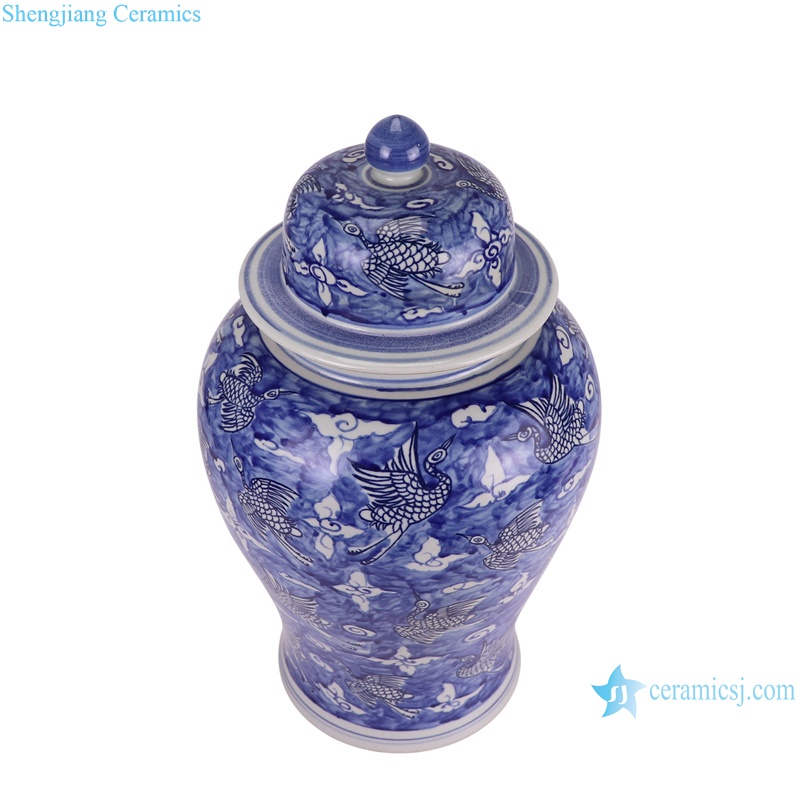 RZSX92-B-C Blue and White Aninam Crane Pattern Porcelain Lidded Heaven Jars--vertical view