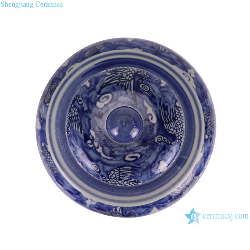 RZSX92-B-C Blue and White Aninam Crane Pattern Porcelain Lidded Heaven Jars--top view