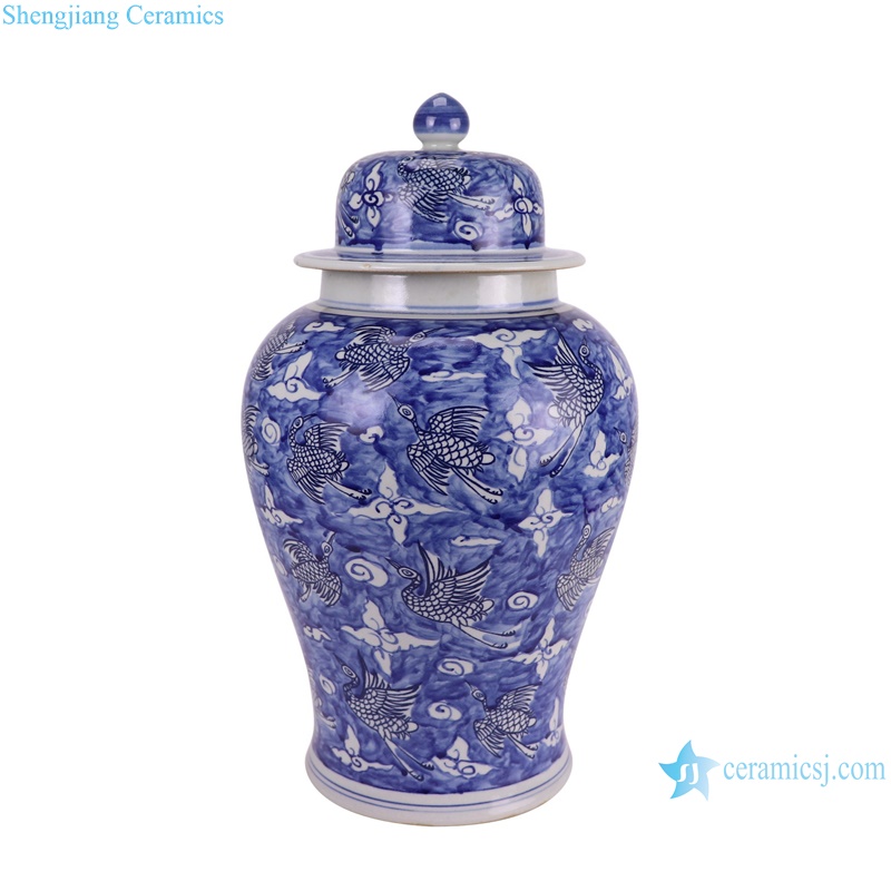 RZSX92-B-C Blue and White Aninam Crane Pattern Porcelain Lidded Heaven Jars--side view