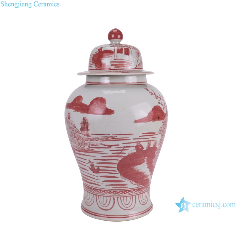 RZSX92-D Traditional Chinese Landscape Pattern Under glazed red color Porcelain Jars--side view