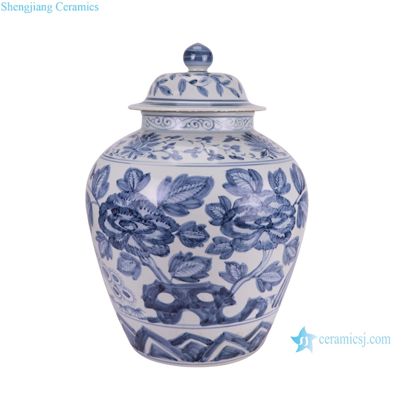 RZSX93-C Antique Blue and White Porcelain Peony Flower and Crane Pattern Ceramic Pot Lidded Jars--side view