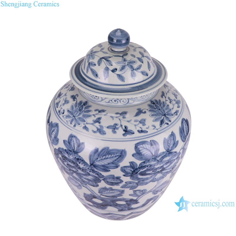 RZSX93-C Antique Blue and White Porcelain Peony Flower and Crane Pattern Ceramic Pot Lidded Jars--vertical view