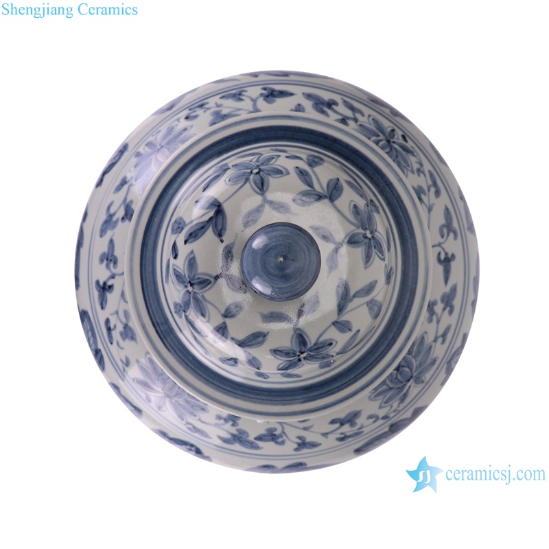 RZSX93-C Antique Blue and White Porcelain Peony Flower and Crane Pattern Ceramic Pot Lidded Jars--top view