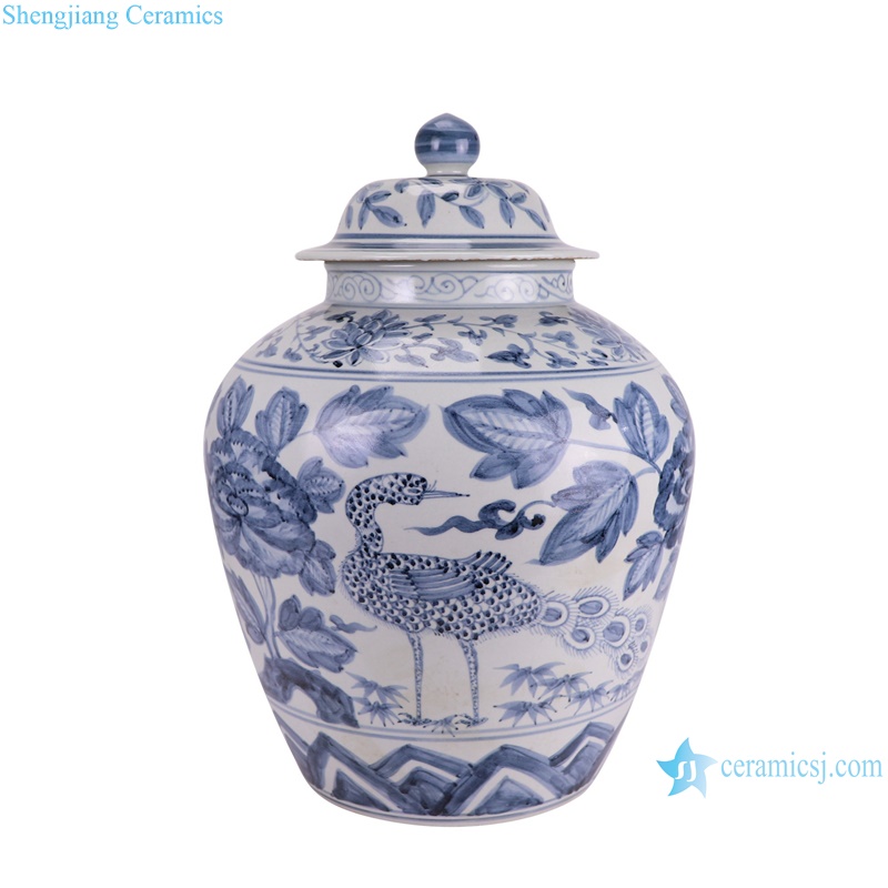 RZSX93-C Antique Blue and White Porcelain Peony Flower and Crane Pattern Ceramic Pot Lidded Jars