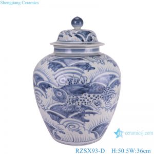 RZSX93-C Antique Blue and White Fish Sea Grass Pattern Ceramic Pot Porcelain Lidded Jars