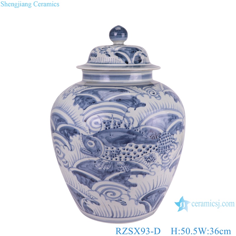 RZSX93-C Antique Blue and White Fish Sea Grass Pattern Ceramic Pot Porcelain Lidded Jars