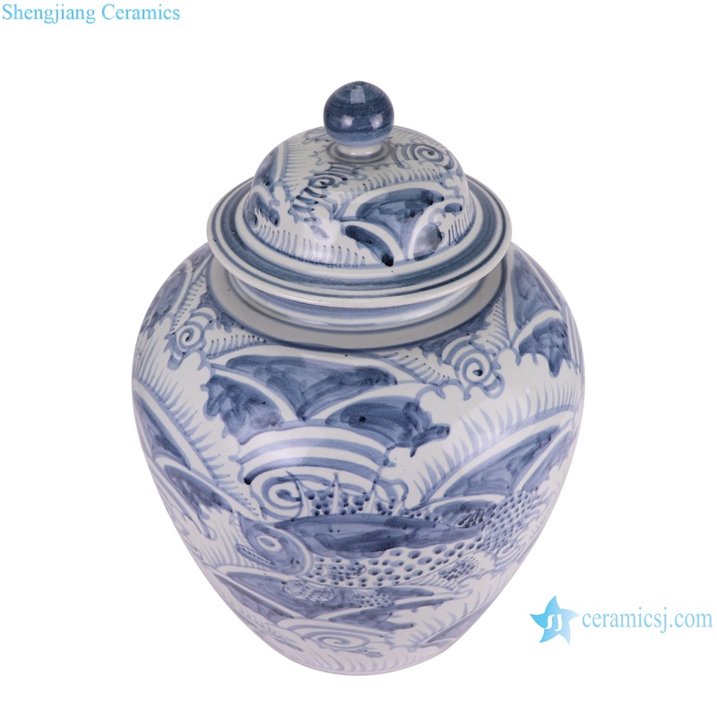 RZSX93-C Antique Blue and White Fish Sea Grass Pattern Ceramic Pot Porcelain Lidded Jars--vertical view