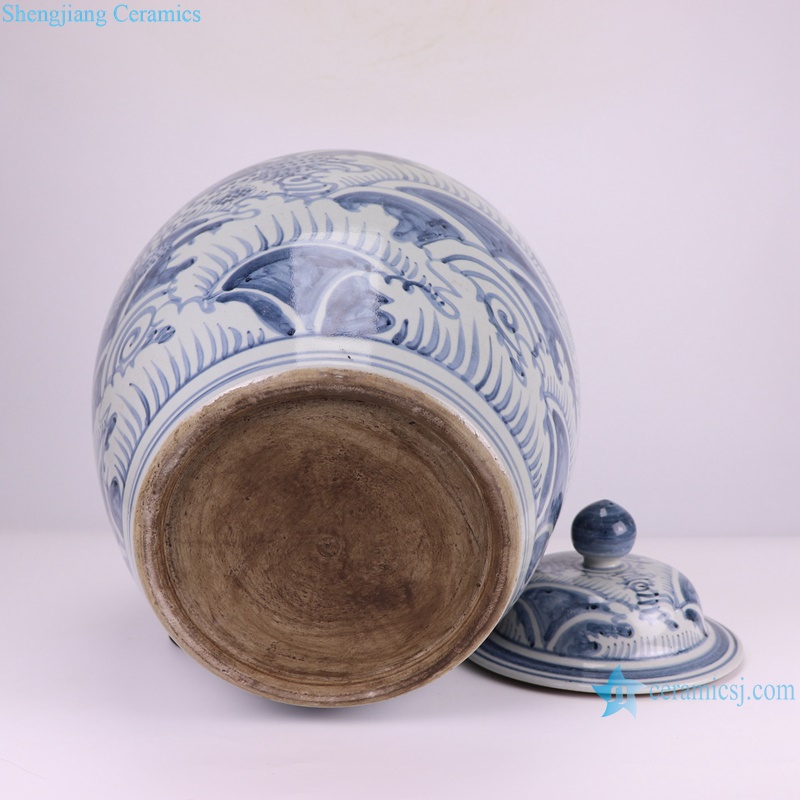 RZSX93-C Antique Blue and White Fish Sea Grass Pattern Ceramic Pot Porcelain Lidded Jars--bottom view
