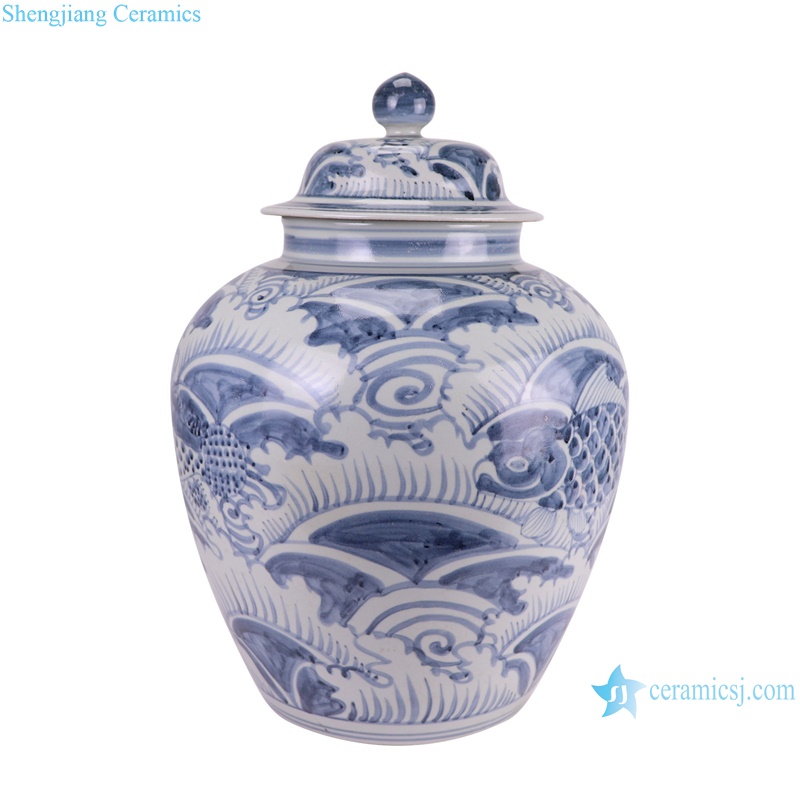 RZSX93-C Antique Blue and White Fish Sea Grass Pattern Ceramic Pot Porcelain Lidded Jars--side view