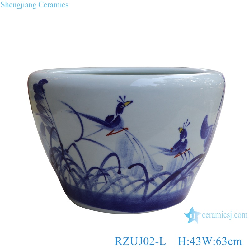 RZUJ01-02-03 four sizes hand painted reed and bird pattern porcelain flower pot
