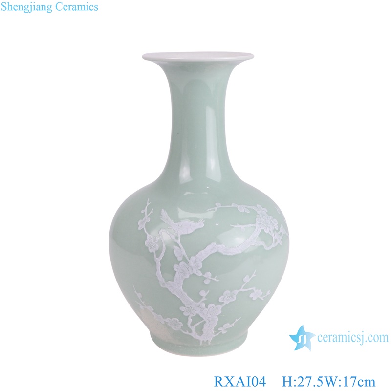 RXAI04 Green Color Chinese Style White Flower and bird pattern table flower vase