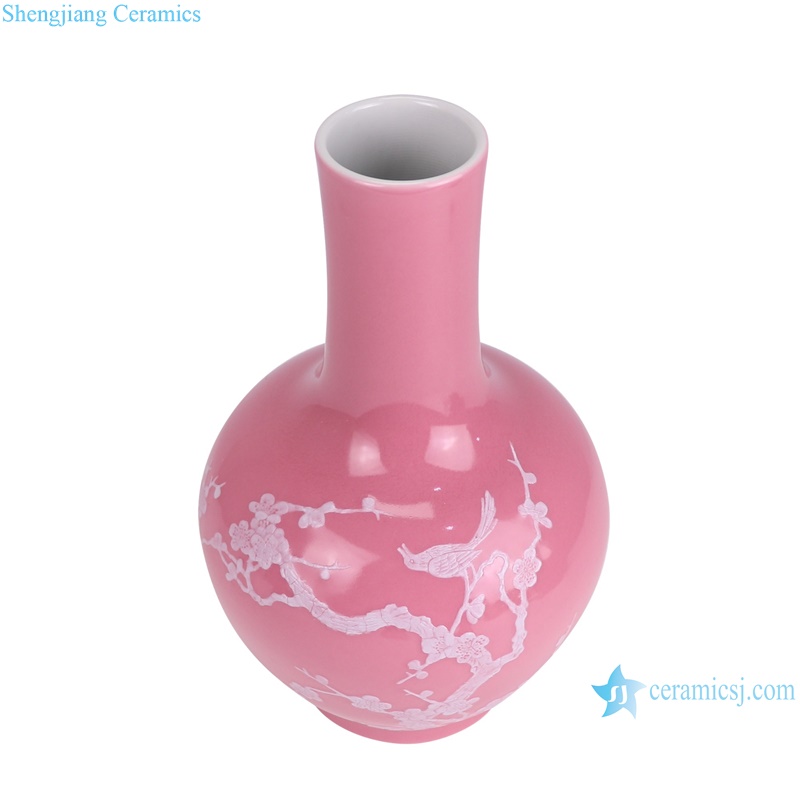 RXAI05 Pink Color Chinese White Flower and bird pattern table Globular pottery vases--vertical view
