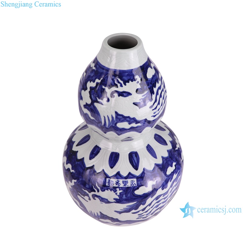 RXBA25 Jingdezhen blue and white Phoenix carved gourd shape bottle Porcelain flower Vase --vertical view