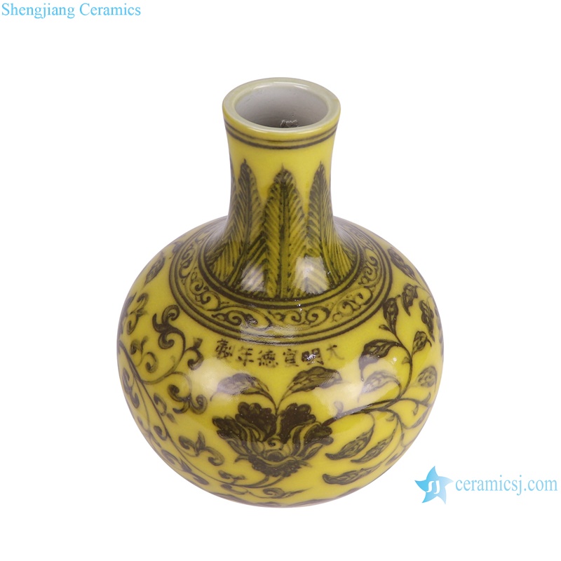RXBA26 Yellow color Chinese Twisted flower Ceramic Globular porcelain flower Vase--vertical view